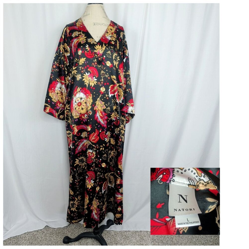 Natori Caftan Large Long Black Floral Paisley Satin Kimono Sleeve